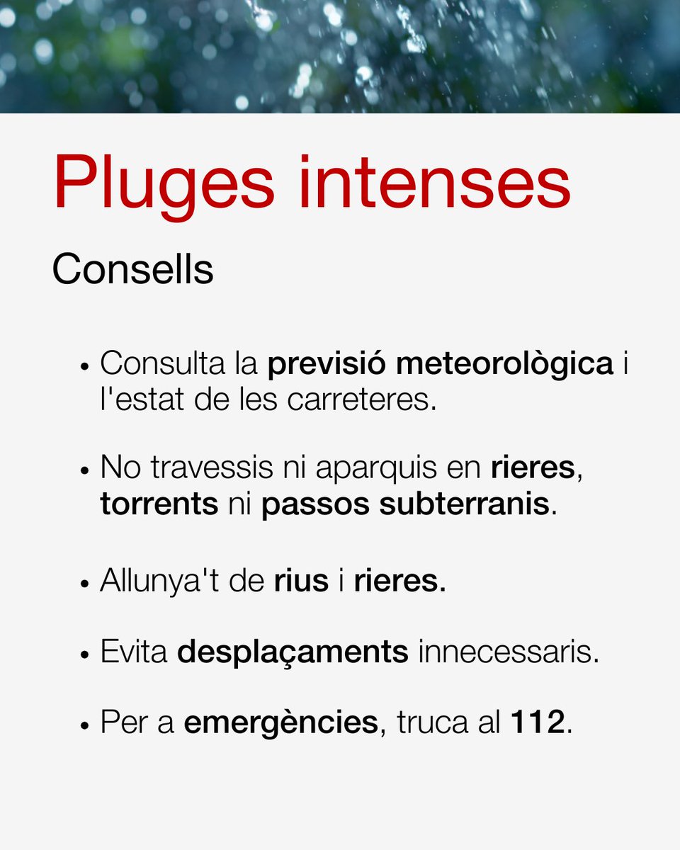 ⚠️ Durant el dia d'avui es manté la previsió de pluja intensa que pot afectar diversos punts del país ⛈️

Segueix la previsió meteorològica en tot moment i segueix els consells d'autoprotecció ✔️

Molta precaució ❗