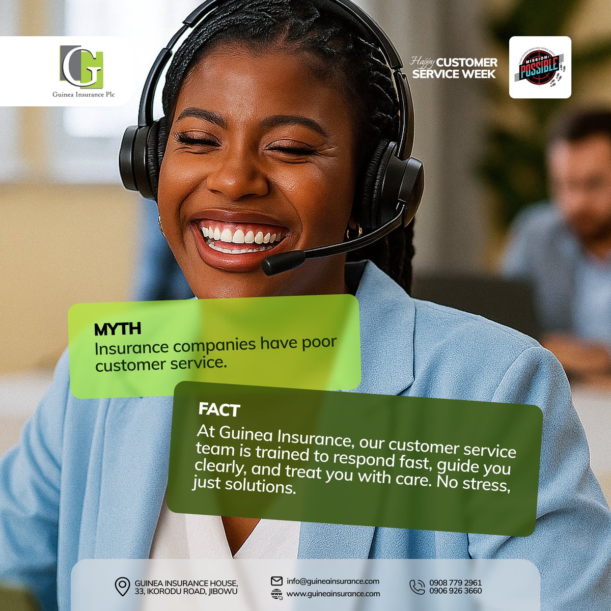 GuineaInsurance's tweet image. ...at Guinea Insurance, we have a people-first team who makes our client processes fast, clear, and stress-free.

For more enquiries:
- Call us: 09097792961 or 09079263660
- Visit: guineainsurance.com

#SwiftServices
#PeopleFirst
#MidweekFact
#Insurance
#GuineaInsurancePlc