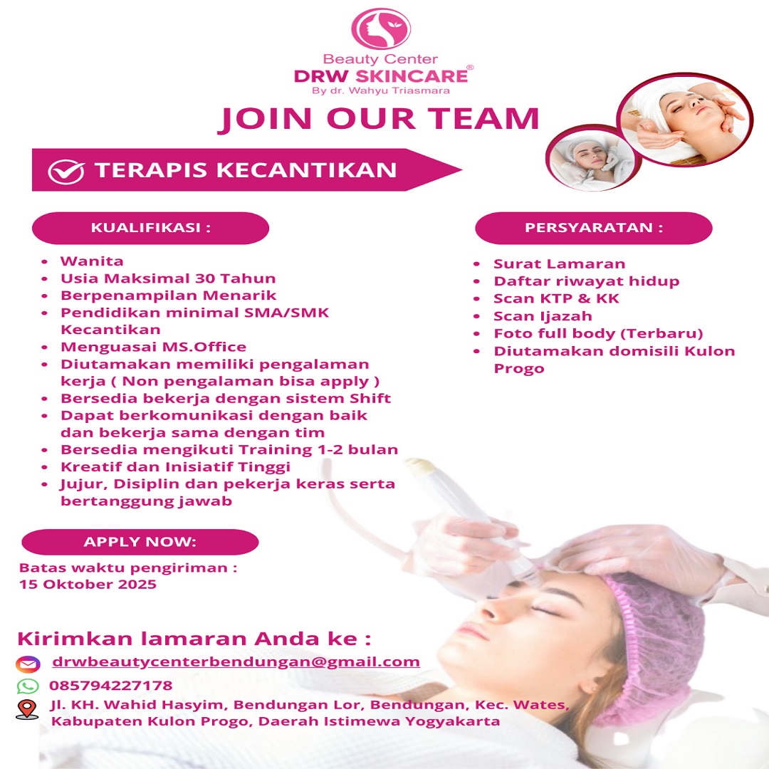 disnakerkp's tweet image. Hai rekan pencari kerja.

Hari ini kami menginfokan lowongan kerja di DRW SKINCARE untuk posisi :
~ Terapis Kecantikan

Cek kualifikasinya di pengumuman ya

#lowongankerja
#kulonprogo