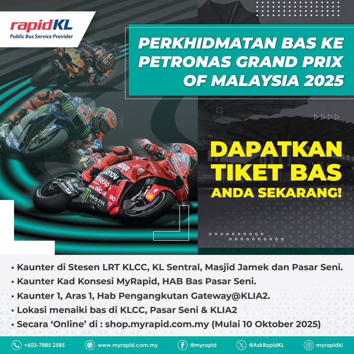 #MotoGP Petronas Grand Prix Malaysia 2025 kembali lagi!

Lupakan stres kesesakan trafik, tempat letak kereta, dan tol.

Kami bawa anda terus ke lokasi.

Dapatkan tiket bas anda secara atas talian mulai 10 Oktober 2025 atau di kaunter terpilih mulai 13 Oktober 2025! #RapidKL