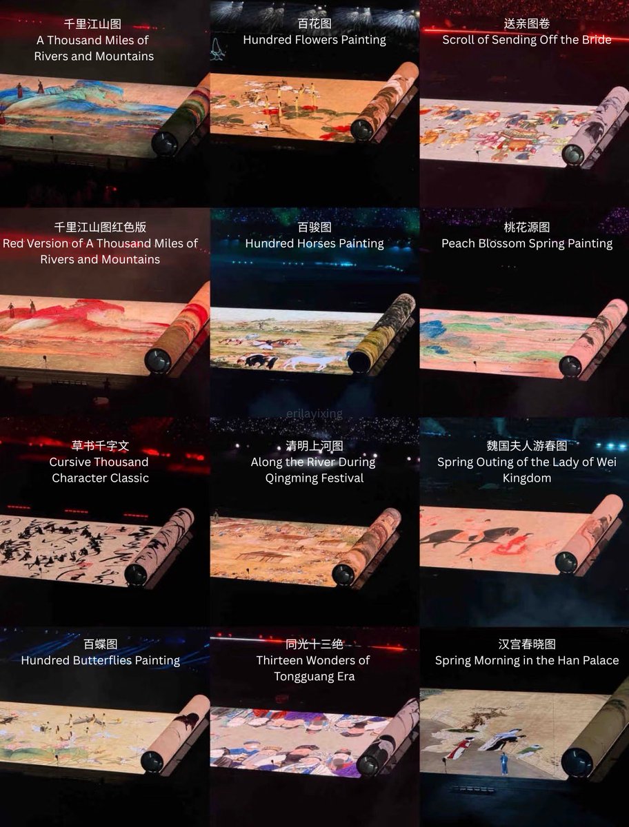 L0VELAYIXING's tweet photo. These are all classic masterpieces in Chinese art history that were recreated visually during Zhang Yixing’s concert at the Bird’s Nest.
#LAYRockingTheBirdsNest https://t.co/Y1sNA06K6T