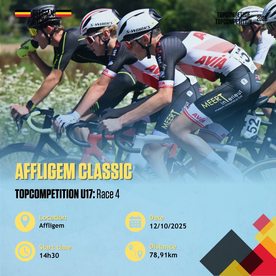 Next Sunday, riders will battle for victory in the 𝗔𝗳𝗳𝗹𝗶𝗴𝗲𝗺 𝗖𝗹𝗮𝘀𝘀𝗶𝗰, the finale of the 𝗧𝗼𝗽𝗰𝗼𝗺𝗽𝗲𝘁𝗶𝘁𝗶𝗼𝗻 𝗨𝟭𝟳! 💥

👉 Race info and current standings: bit.ly/437fx82

#Topcompetitie #Topcompetition #BelgianCycling