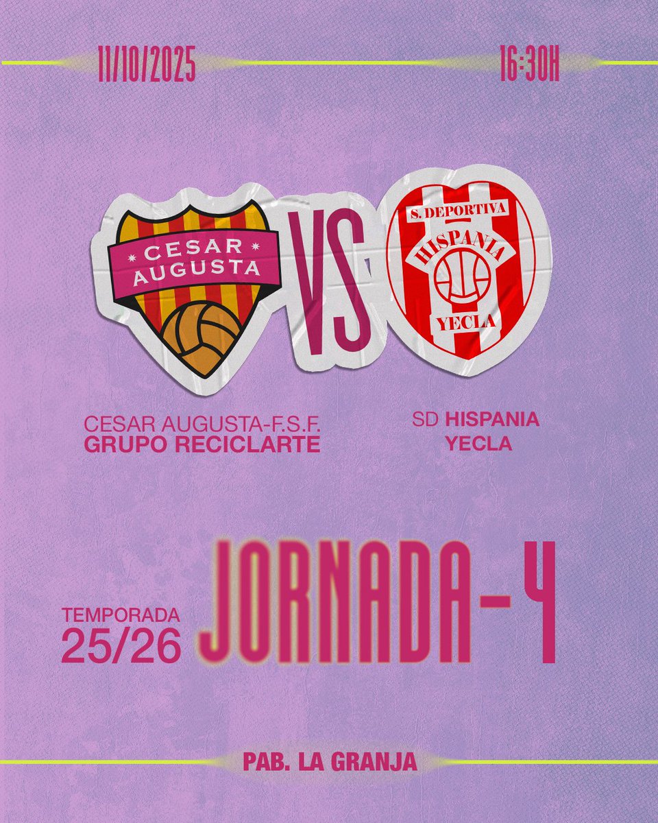 fsfcesaraugusta's tweet image. ¡Este sábado 11 tenemos partidazo en casa!💜⚽
El Grupo Reciclarte César Augusta se enfrenta al SD Hispania Yecla en una nueva jornada.
🕓16:30h
📍Pab. La Granja
💪 Ven a apoyar al equipo, siente la emoción del fútbol sala y anima con nosotras desde la grada.
🔥 ¡Te esperamos!