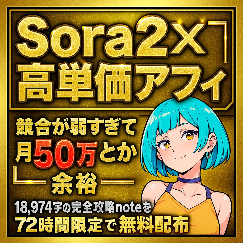 meruru_aiotaku's tweet image. ※10月13日まで無料
「Sora2×高単価アフィ」を極めたら競合が雑魚すぎて月50万とか余裕なんですが、これどうせ教えても98%以上の人はやらないから、ノウハウ無料配布します
1日30〜40分くらいの作業で日給3万も狙えるバグ級の裏技。…