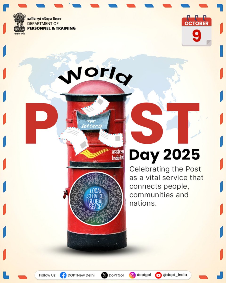 DoPTGoI's tweet image. On World Post Day 2025,

We acknowledge the invaluable contribution of India Post, in placing People at the centre of every service.

From letters that carry emotions to digital platforms empowering citizens, India Post continues to bridge distances, foster inclusion, and bring…