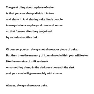 ewanandsmith's tweet photo. My poem for the meeting of our Writers' Circle on Saturday. Our theme this week is 'A piece of cake'.
#poem #poetry #apieceofcake https://t.co/3nvfTxUwLy