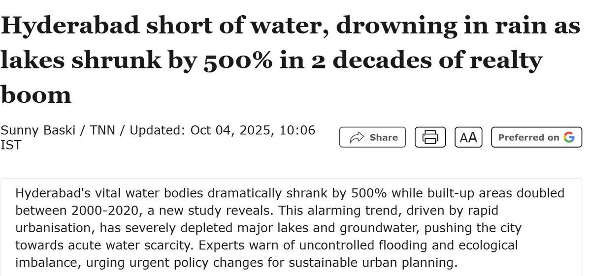 PropertyDecoder's tweet image. A recent study shows that Hyderabad’s water bodies (especially lakes) shrank ~500% between 2000 and 2020, from about 12,535 hectares to just 2,280 hectares.
Why in India, when real estate booms, livability dooms?
More towers. Lesser water.
Higher prices. Lower quality of life.…