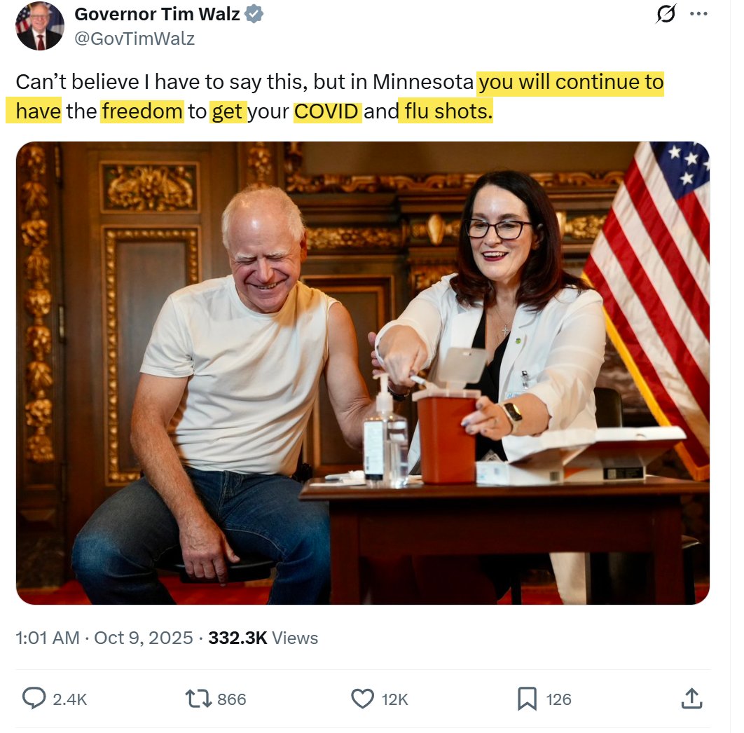 DaysOfNoahh's tweet photo. This is how subliminal messaging works. Just read the yellow parts, and insert "IF".
This message from Walz is subconsciously associating #freedom with #covid shots. Conditional freedom: freedom IF you get your Covid shots.
#TimWalz #witchcraft #subliminalmessaging #covidhoax https://t.co/0Sz0xAN9pl