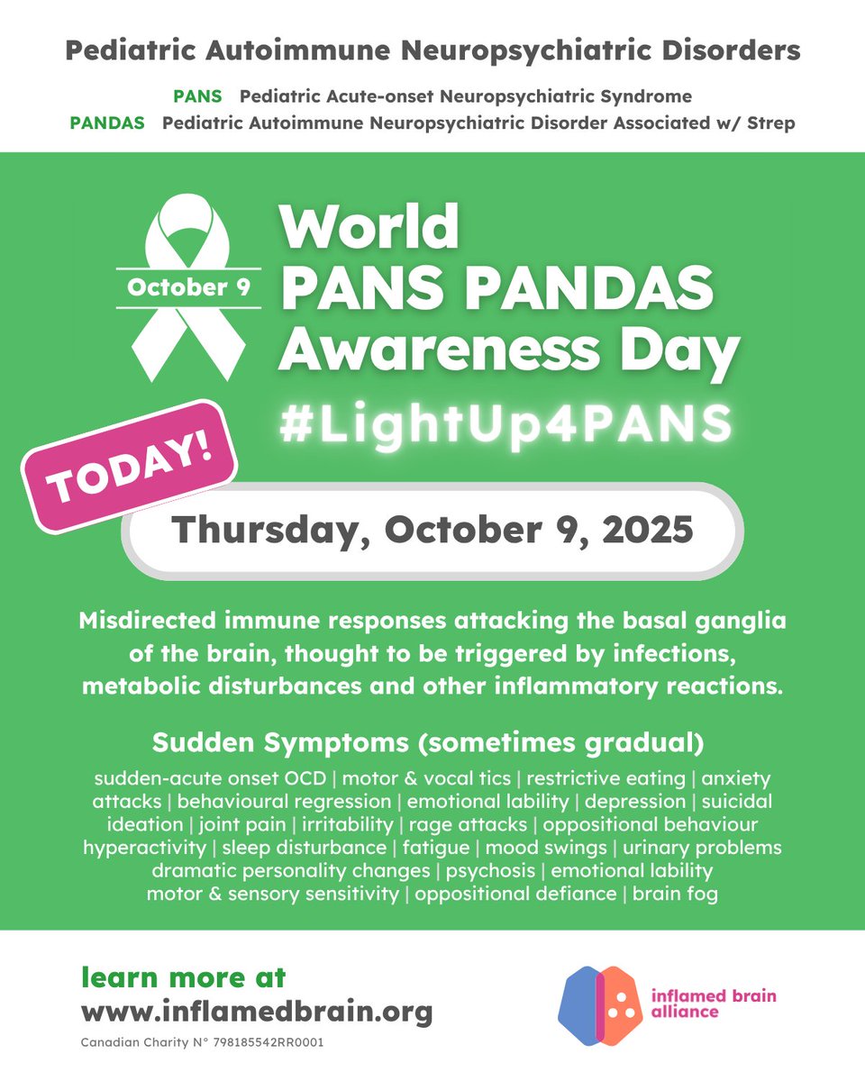inflamedbrain_'s tweet image. Today (Oct 9) is World PANS PANDAS Awareness Day 💚
These treatable brain–immune disorders can cause sudden changes in a child or adult's emotions, behaviour, or ability to function.
💡 Learn more → inflamedbrain.org
#PANS #PANDAS
#BrainInflammationAwareness