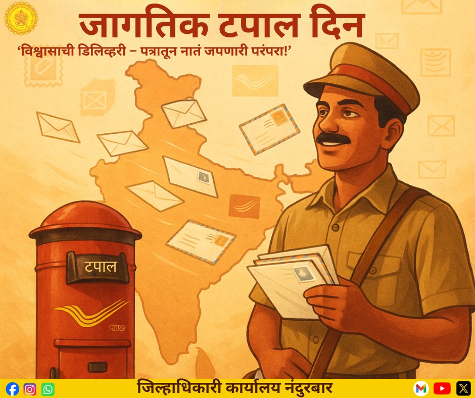 आज ९ ऑक्टोबर — जागतिक टपाल दिन!

विश्वास, जोडणी आणि सेवाभावाचं प्रतीक – टपाल विभागाला सलाम!

#WorldPostalDay #जागतिकटपालदिन #IndiaPost