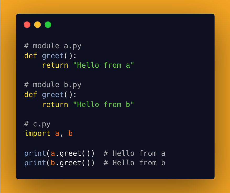 testdrivenio's tweet image. Python Tip:

A namespace maps names to objects. 
Names in different namespaces don’t conflict - for example, functions in separate modules can share names safely.