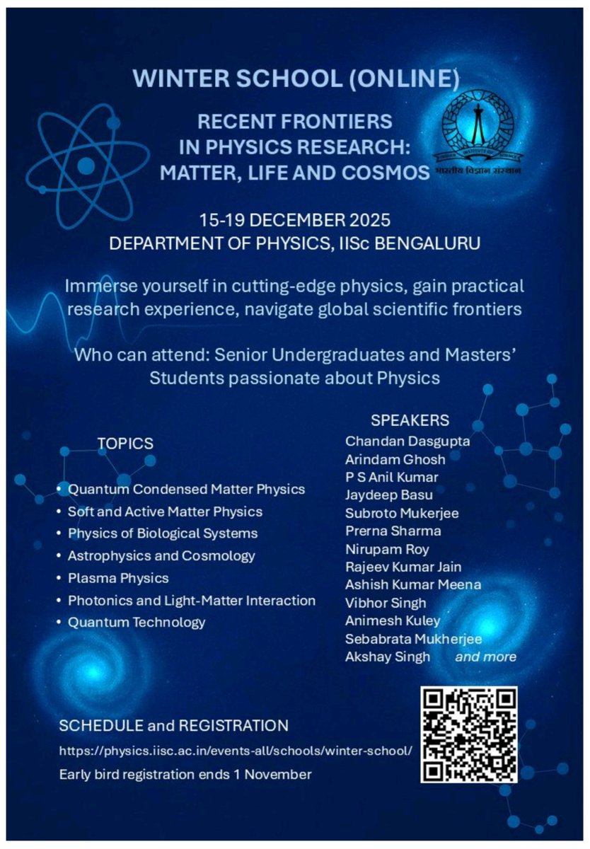 Physics_at_IISc's tweet image. Registration for the inaugural Online Winter School by @Physics_at_IISc @iiscbangalore has been open for less than a week and already reached more than 150 registrations!
Go to the link to register 
physics.iisc.ac.in/events-all/sch…
And for other details see the poster