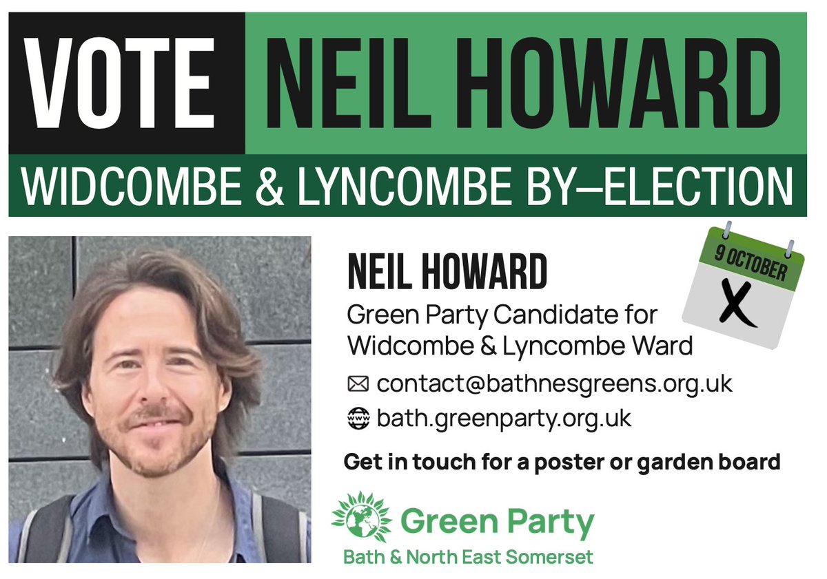 NeilPHoward's tweet image. Today is voting day in the Widcombe &amp;amp; Lyncombe by-election! I'm standing for @TheGreenParty. If you live here and want local accountability, progressive change, and to stand up to the haters, give us a vote. @NAJ562 @ZackPolanski @Autonomy_Inst