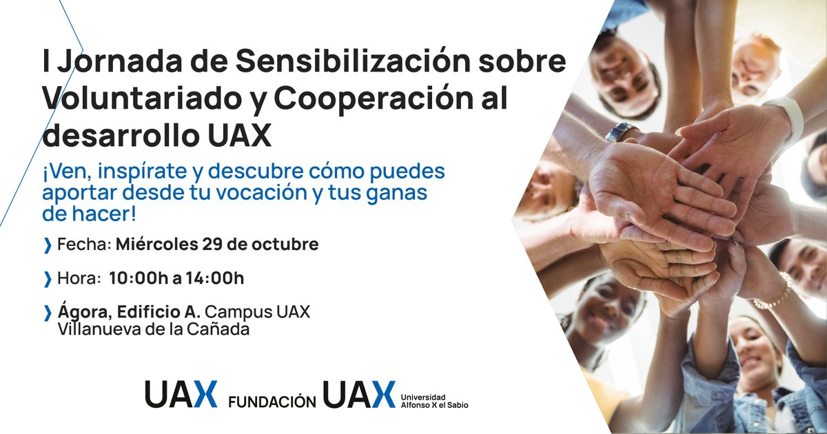 uaxuniversidad's tweet photo. Te invitamos a la I Jornada de Sensibilización sobre Voluntariado y Cooperación al Desarrollo #UAX.
📅 29 oct | 🕕 10:00-14:00
📍 Ágora, Campus Villanueva de la Cañada
🔗 https://t.co/GSkwtv3WM2
#HazloenUAX #Solidaridad #CompromisoSocial https://t.co/L7W9TdNbCu