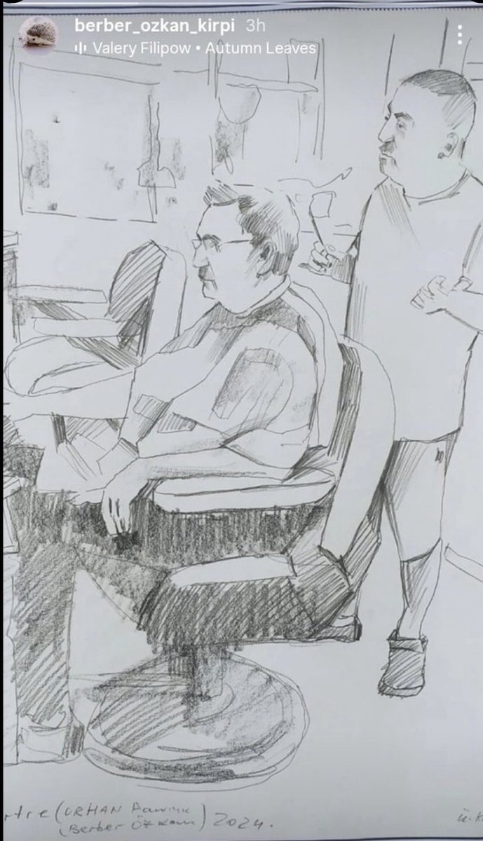 Nobel ödüllü yazar Orhan Pamuk, bu kez bir kara kalem çalışmanın içinde, berberiyle yer aldı. Çizgilerin sahibi Ümmet Karaca..
Yazarın tıraş anının kara kalem resmini berber <a href="/OzkanKirpi/">Büyükada Berber Özkan</a> Özkan paylaştı.
#orhanpamuk