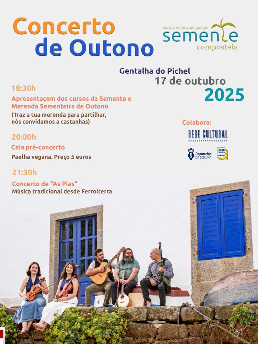 Chegou o outono e começou o ano académico! 🌱
Vide celebrá-lo connosco na sexta 17 no Pichel.
"As Pias" apresenta-nos o seu primeiro trabalho, perfeito para dançar e desfrutar dumha deliciosa paelha cozinhada polo nosso chef valencià residente Mikel! 🥘 Animai-vos!