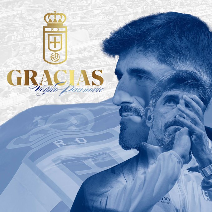 Graphic design with a light blue background featuring the Real Oviedo club logo in gold at the top center, a Portuguese flag emblem integrated into a circular badge below it, and a semi-transparent profile image of a man with short dark hair, a mustache, and beard wearing a watch on his left wrist and a jacket, looking pensively to the side with his hand near his chin. Overlaid bold gold text reads GRACIAS PAUNO at the top and Leyendo Asturiano at the bottom, with subtle blue wave patterns and additional club initials R.O. in the background.