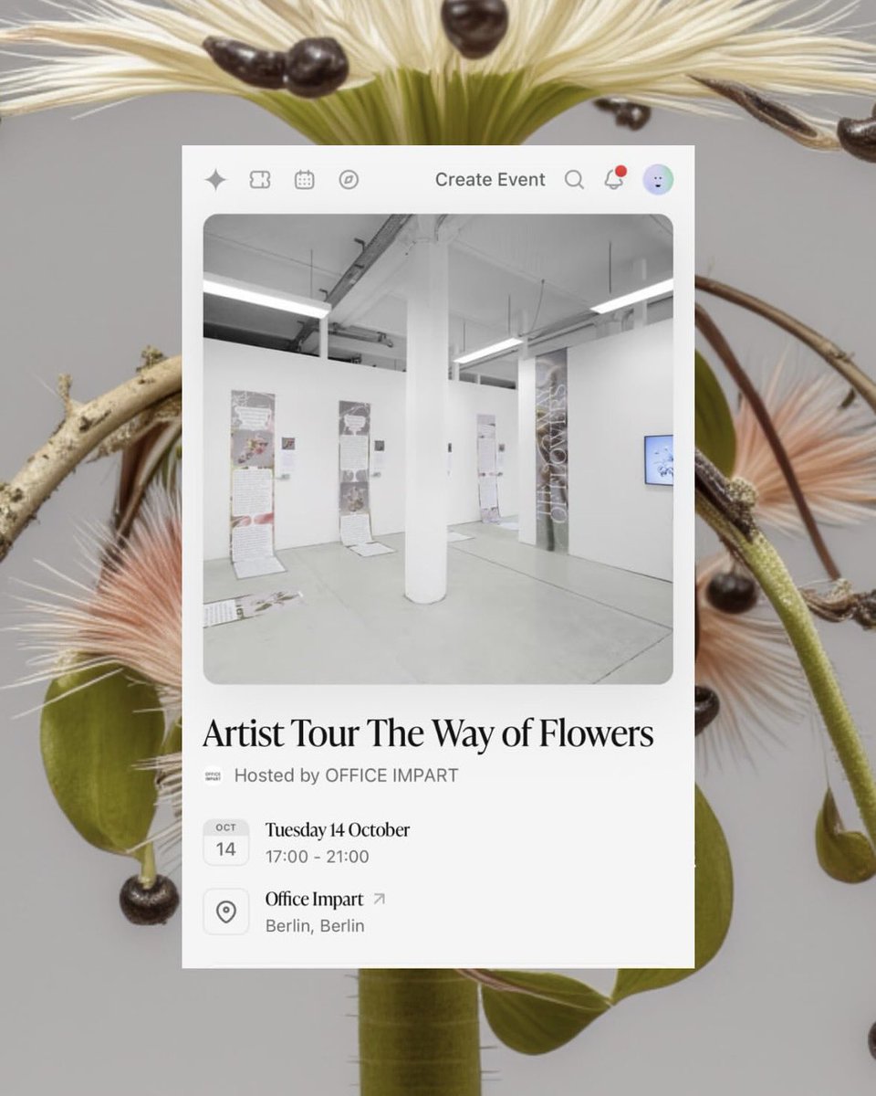 office_impart's tweet image. 🌿 Join us for the Artist Tour &amp;amp; Drinks
CROSSLUCID – The Way of Flowers
14 Oct 2025 · 5–9 PM · @officeimpart, Berlin

Discover how generative digital plants connect art, ecology, and technology — and how each gesture can nurture real biodiversity projects.

🔗 RSVP via the Link…