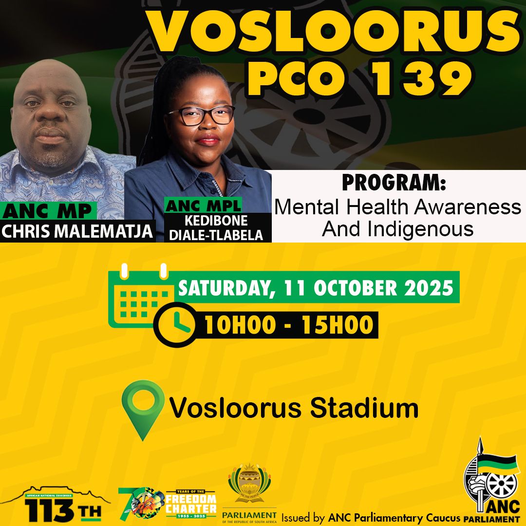 ANCParliament's tweet image. ANC MP, Cde Chris Malematja, deployed to the Vosloorus PCO, together with ANC MPL, Cde Kedibone Diale-Tlabela, will host a Mental Health Awareness and Indigenous Games Programme on Saturday, 11 October 2025.

📍Vosloorus Stadium 

#ANCatWork 
#ConstituencyWork