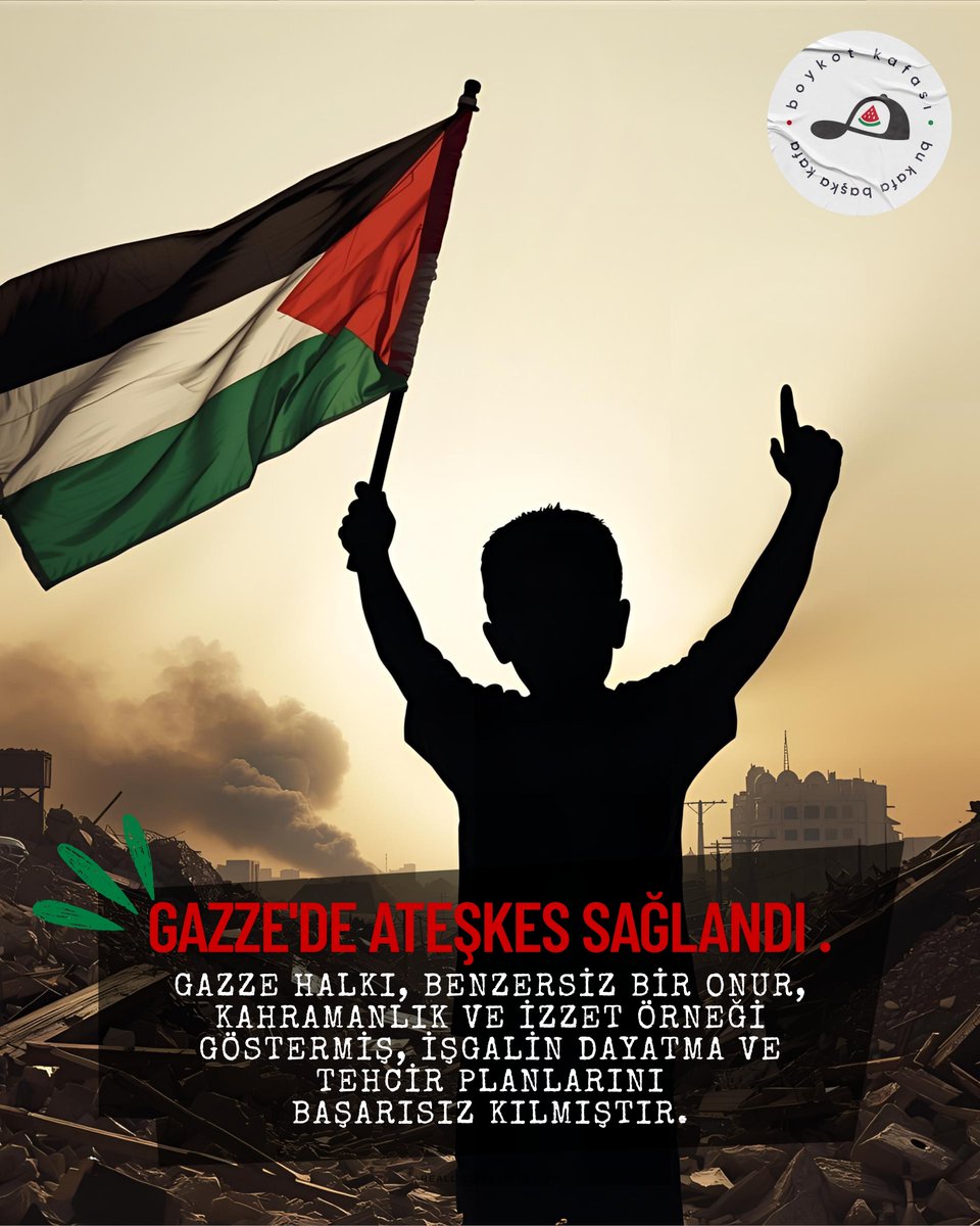 GAZZE'DE ATEŞKES SAĞLANDI.
•Şarm El Şeyh'te varılan anlaşma kapsamında:
•İşgal güçleri Gazze'den çekilecek
•Esir takası yapılacak
•İnsani yardımlar Gazze'ye girecek
•Trump, süreci yerinde takip edecek
Bu tarihi gelişme, Filistin halkının iradesinin ve direnişinin bir zaferi.