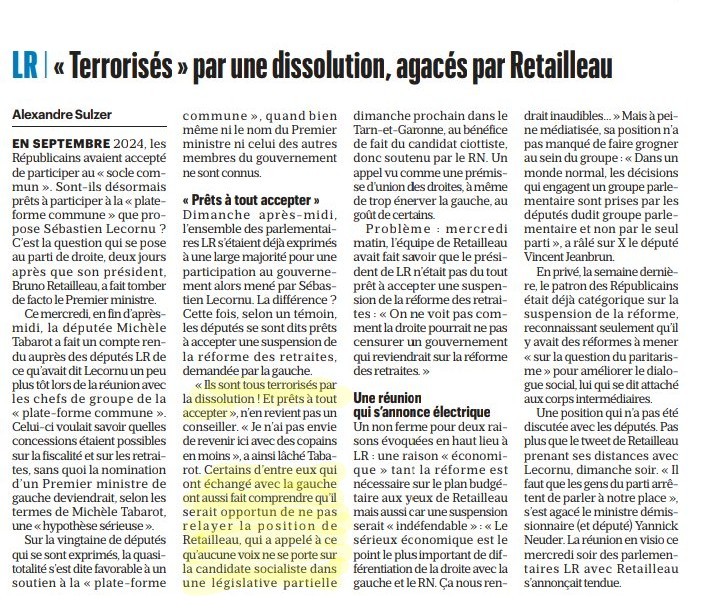 MatthiasRN's tweet image. On apprend dans Le Parisien que les députés #LR :

1. Sont terrorisés de perdre leur place, et prêts à tout concéder à la gauche.

2. Ne souhaitent pas relayer l’appel de #Retailleau à ne pas voter pour la candidate #PS dans la législative partielle de dimanche face à #UDR, pour…