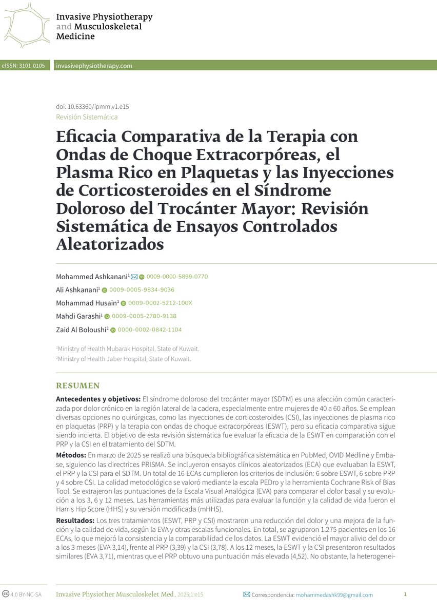 🔬 New Publication Alert 
Our latest systematic review:
“Comparative Effectiveness of Extracorporeal Shockwave Therapy, Platelet-Rich Plasma, and Corticosteroid Injections in Greater Trochanteric Pain Syndrome (GTPS)” – by Mohammed Ashkanani, is now published! link in bio