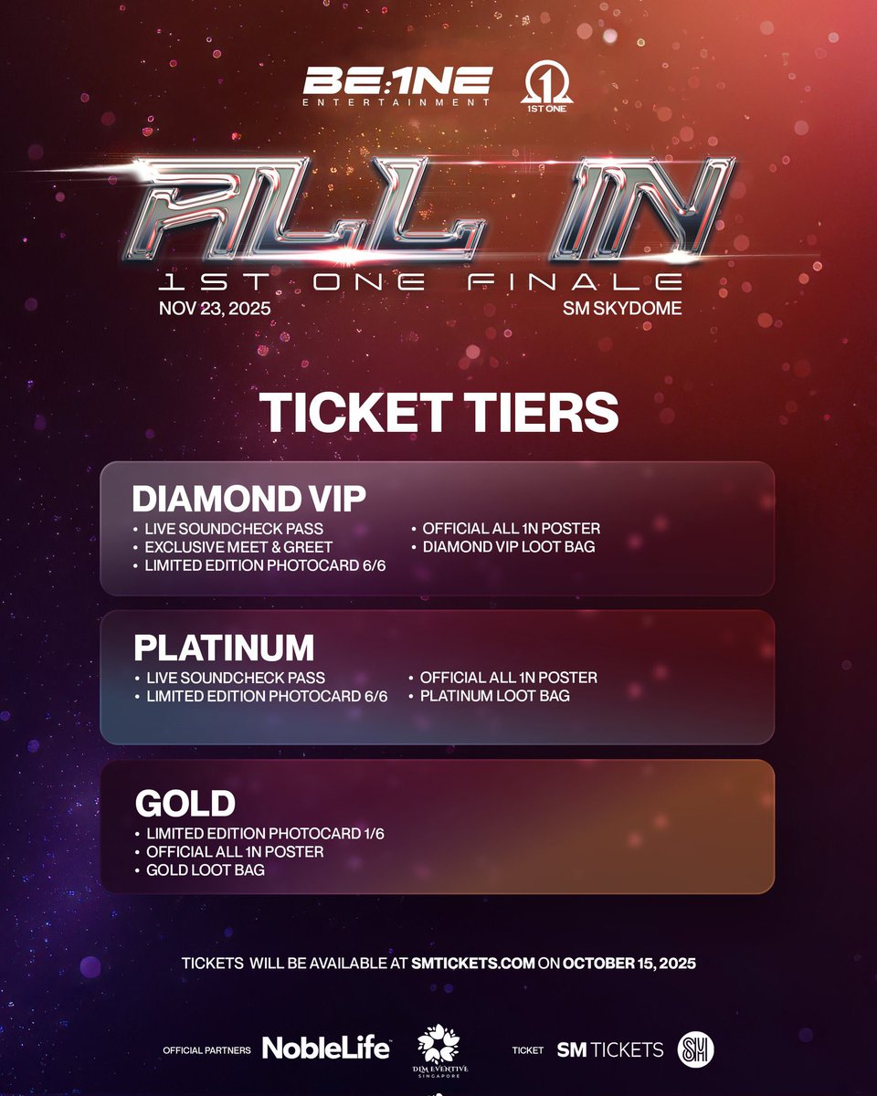 ALL 1N 1ST ONE FINALE Concert at the SM Skydome on November 23, 2025!

Tickets available via SM Tickets outlets and smtickets.om on October 15, 2025. 

<a href="/1stOneOfficial/">1ST ONE</a> 
#1stOneALL1N #TheFinale