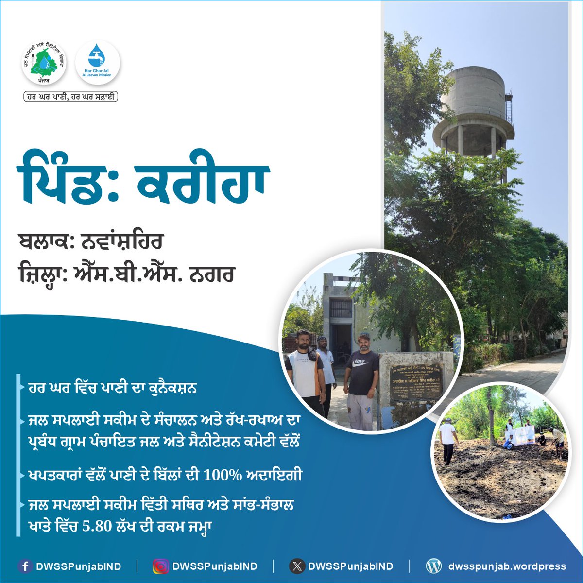 DWSSPunjabIND's tweet image. Kariha Village – A Model of Community-Led Water Management 
Block Nawanshahr, Distt SBS Nagar

✅ 100% household water connections (510) 
💧 ₹100/month tariff + ₹5.80L surplus in O&amp;amp;M account 
Clean water in homes, schools, Anganwadis &amp;amp; Panchayat Ghar.

#JalJeevanMission
