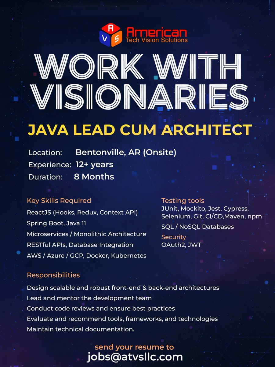 TechAtvs's tweet image. 🚀 We’re Hiring!
 Role: Java Lead cum Architect
📍 Bentonville, AR (Onsite) | 💼 C2C | ⏳ 8 Months | 🔧 12+ yrs exp
Skills: Java 11, Spring Boot, ReactJS, Microservices, AWS, Docker, CI/CD
📧 Apply: jobs@atvsllc.com
#JavaJobs #ATVS #NowHiring #TechCareers 
atvsllc.com