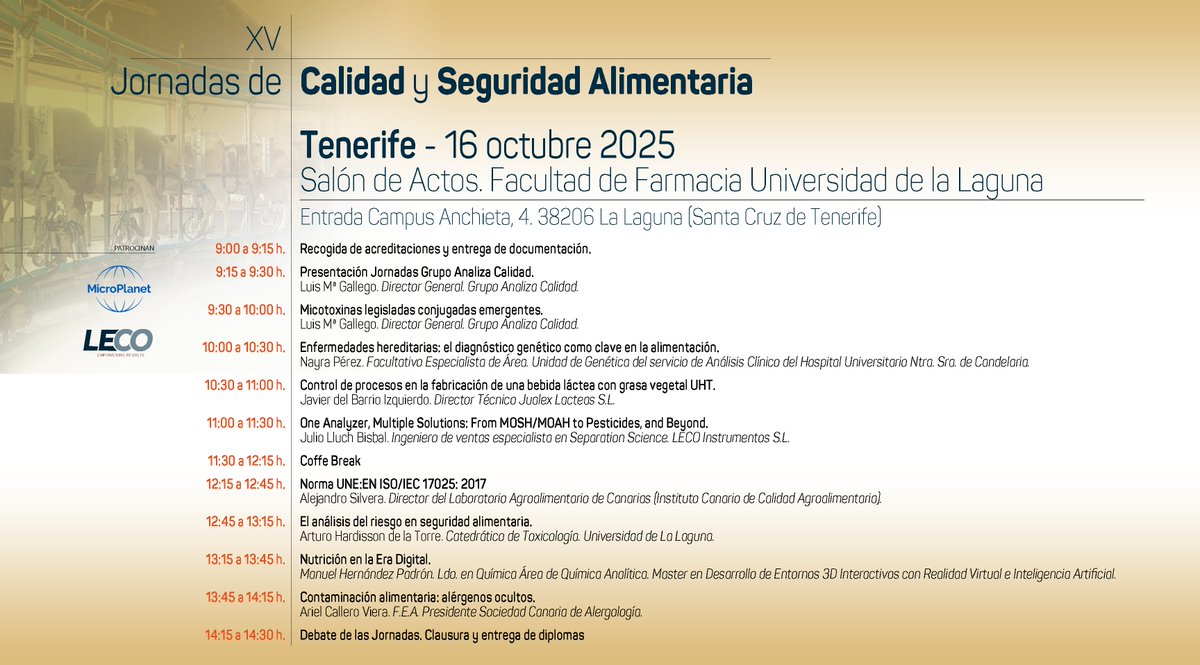 16 de Octubre jornada de CySA, abordaremos 
Enfermedades hereditarias: el diagnóstico genético como clave en la alimentación 
para ello contaremos con la participacion de Nayra Pérez facultativo en el Hospital Universitario Ntra. Sra. de Candelaria
#JornadasAnaliza