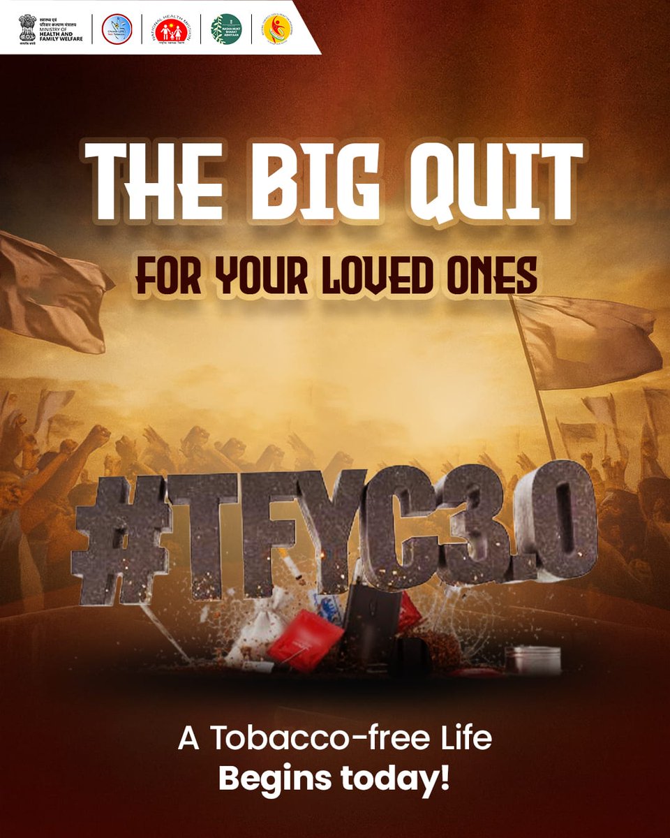 MoHFW_INDIA's tweet image. The D-Day has arrived 🎯
📣 Aaj se nayi soch. 
Tobacco out. Health in.💪
Tobacco Free Youth Campaign 3.0 is live today ⚡️with @handle (Ministry of Health &amp;amp; Family Welfare).
For your family, for your future—quit now and say #SayNoToTobacco
#TFYC3 #TheBigQuit