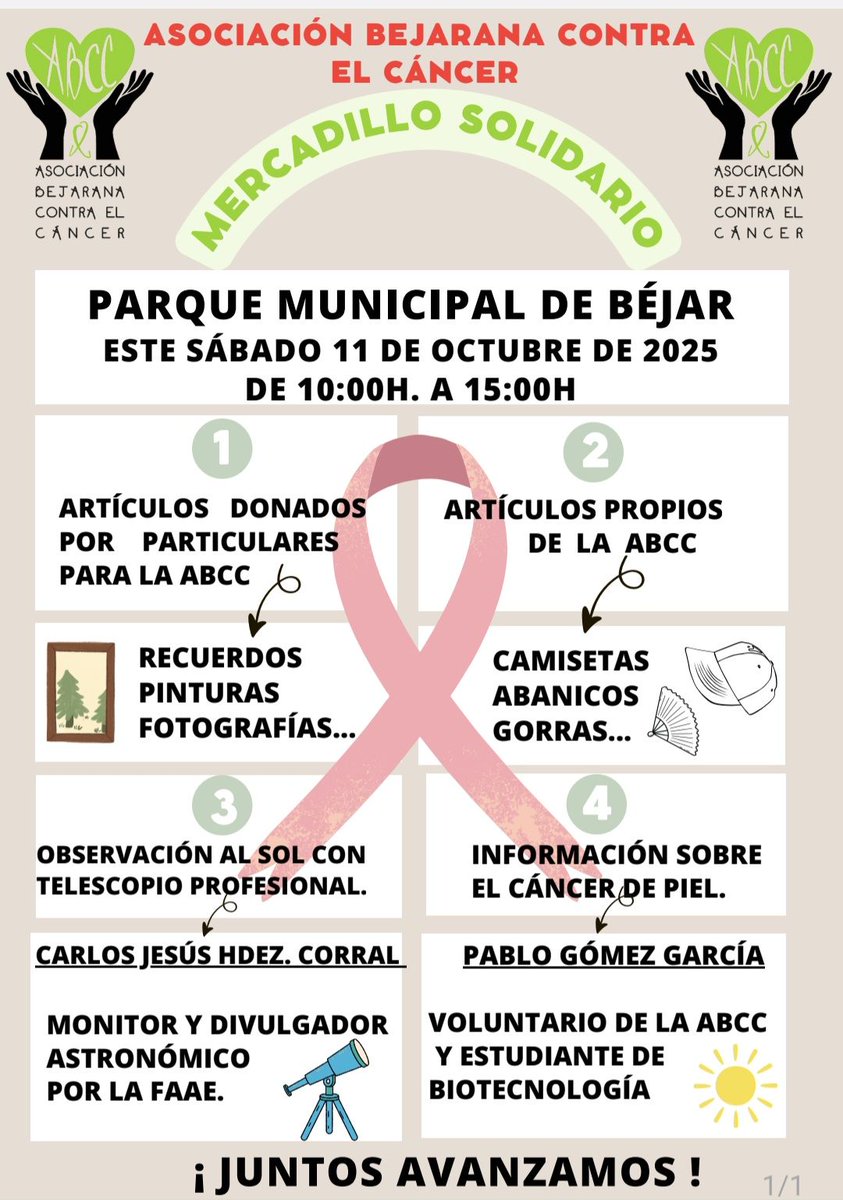 BejarEuropa's tweet image. La Asociación Bejarana Contra el Cáncer organiza su mercadillo solidario este sábado, 11 de octubre, en el Parque Municipal de Béjar (10-15h). 

Apoya una causa local. 
bejar.eu/bejar-se-une-c…
#Béjar #ABCC