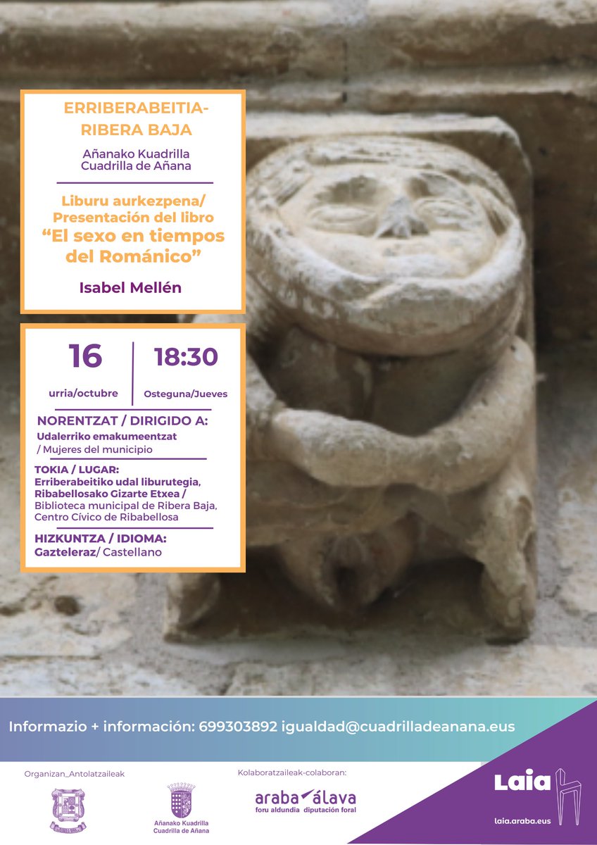 De la mano de <a href="/LaiaAraba/">Laia Araba</a> y la Cuadrilla de Añana, nuestra compañera <a href="/IsaMellen/">Isabel Mellén</a> se pasará el día 16 de octubre por la localidad de Ribabellosa para dar a conocer su último trabajo en torno al románico sexual.