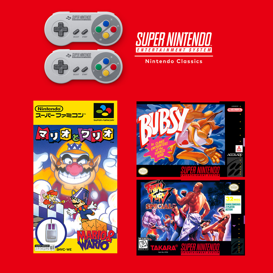 Mais clássicos da #SuperNES chegam ao catálogo do #NintendoSwitchOnline!

🪣 Mario &amp; Wario
👊 Fatal Fury Special
❗ Bubsy in: Claws Encounters of the Furred Kind

E pela primeira vez na Europa...

🪣 Mario &amp; Wario

Mario &amp; Wario requer um rato USB compatível na #NintendoSwitch.