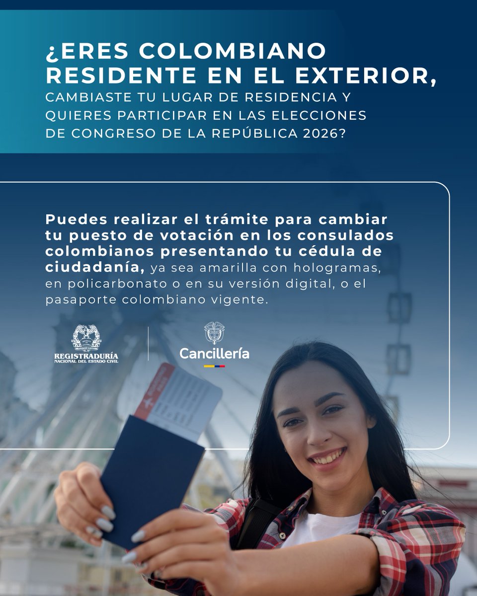 🇨🇴 Si eres colombiano en Noruega, ¡tu voz cuenta en las #Elecciones2026!
📍Inscríbete o actualiza tu puesto de votación en el consulado:
✉️ Cita: coslo@cancilleria.gov.co
🪪 Lleva tu cédula o pasaporte
📅 Congreso: hasta 8/ene/2026
📅 Presidencia: hasta 13/mar/2026