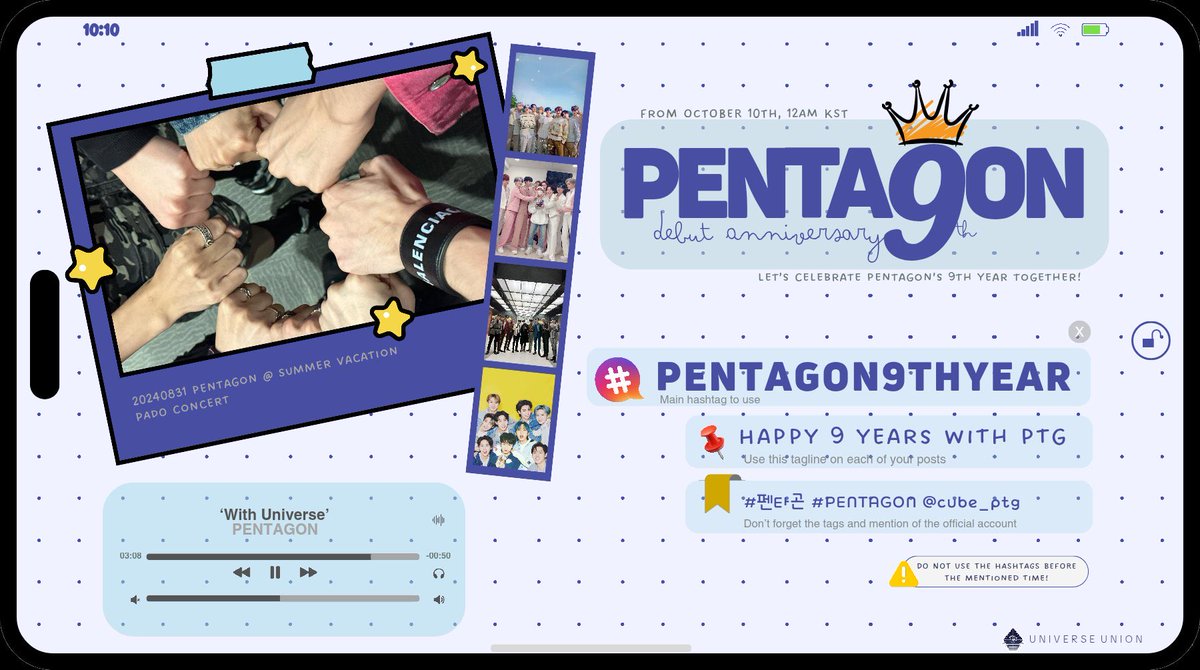 📣 #PENTAGON 9TH ANNIVERSARY HASHTAG EVENT 

We are so ready to celebrate with PENTAGON over on their official YouTube channel tonight at 11PM (KST) !!

Remember to join us at 12AM (KST) for our anniversary hashtag event

📅 2025.10.10 
🕛 12AM (KST)

🚫Do NOT use hashtag before