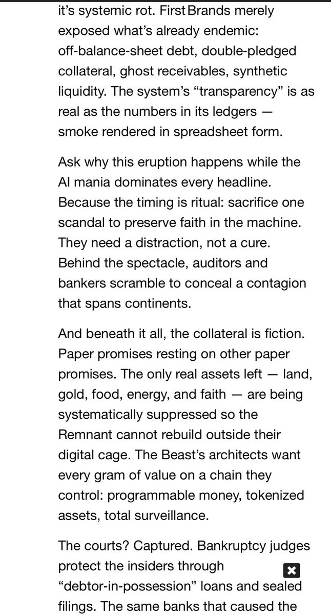 MLorrM's tweet image. Interesting (anonymous) comment on a zero hedge article regarding the First Brands collapse & the emerging information regarding debt being collateralised by the same assets multiple times. Very troubling.