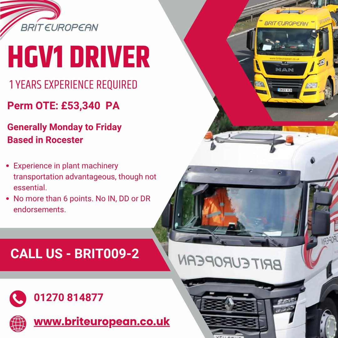 Join our team based in Rocester! We’re looking for motivated HGV1 Drivers. Experience in Plant Machinery Transportation is a plus, but not essential—we value a great attitude &amp; willingness to learn!
Call us on 01270 814877 or apply online at briteuropean.co.uk