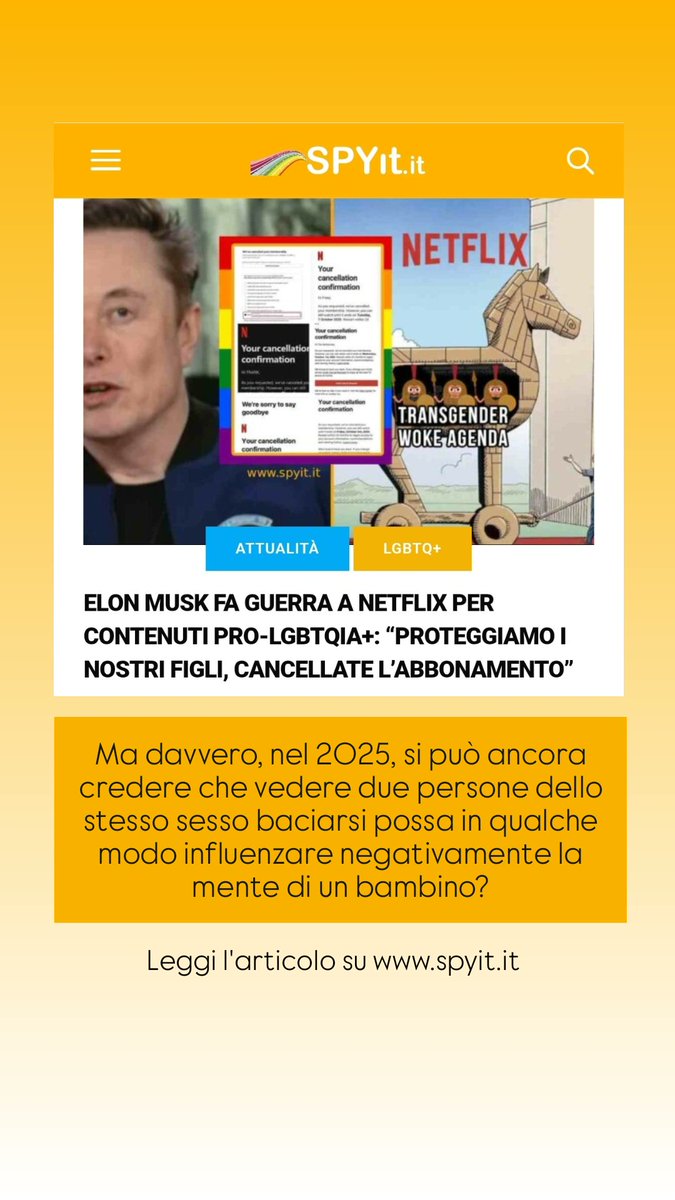 SPYit_official's tweet image. Ma davvero, nel 2025, si può ancora credere che vedere due persone dello stesso sesso baciarsi possa in qualche modo influenzare negativamente la mente di un bambino?

 L'articolo su spyit.it 🏳️‍🌈

#prolgbt #elonmusk #omofobia #netflix #lgbtqcommunity