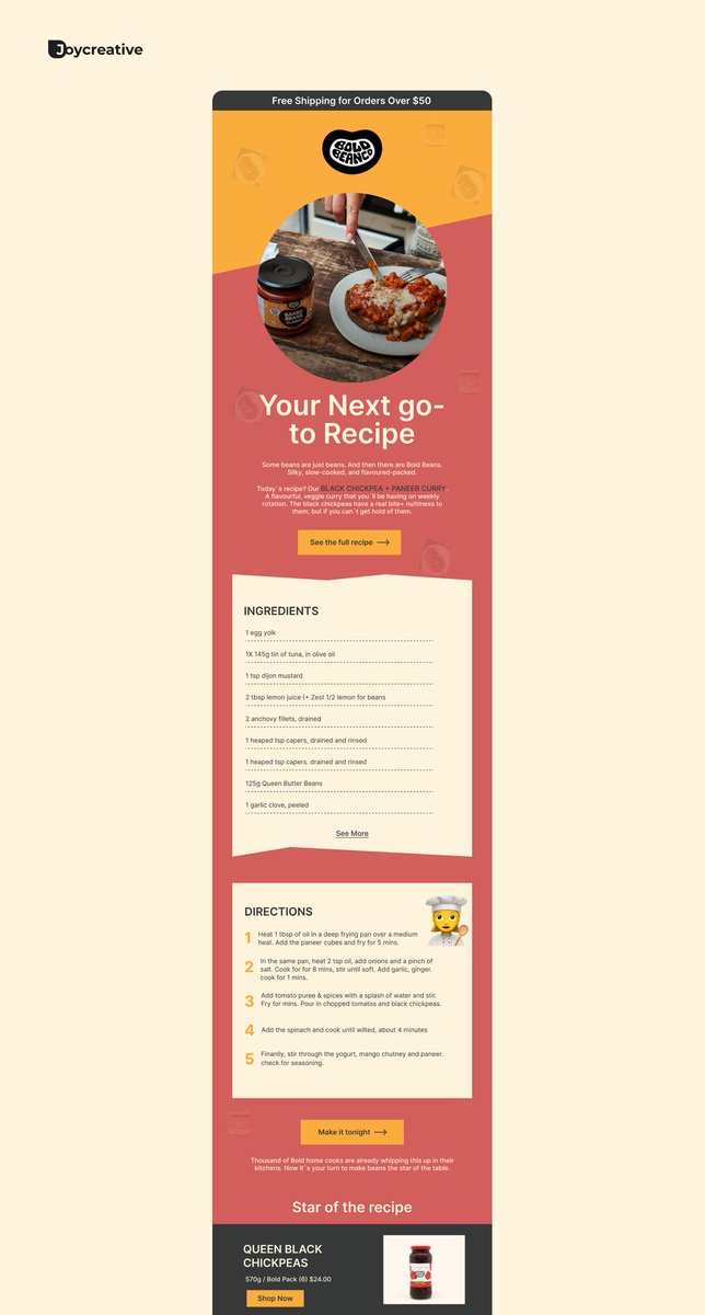 UjohJoy's tweet image. Just designed a recipe email for bold bean co.

Instead of just selling beans, the goal was to make people cook with them.

Feels like a mini cookbook in your inbox.

How would you present a recipe email like this?

#EmailDesign #EmailMarketing #RetentionMarketing #eCommerce