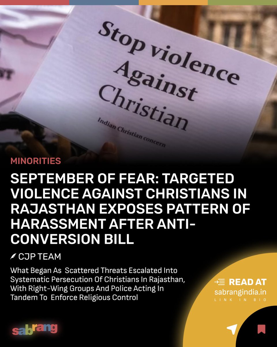 sabrangindia's tweet image. September of Fear: Targeted Attacks on Christians in Rajasthan. 

#rajasthan #RajasthanNews #AntiConversionLaws #sabrangindia 

September of Fear: Targeted Violence against Christians in Rajasthan exposes pattern of harassment after Anti-Conversion Bill | SabrangIndia