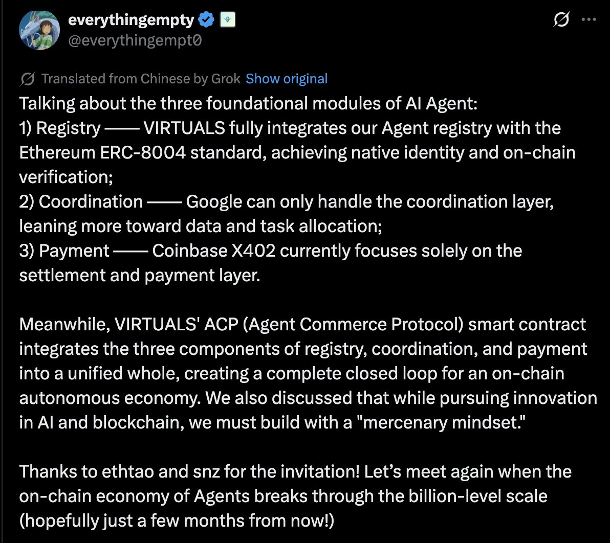 Tweet discussing VIRTUALS ACP and AI Agent modules
