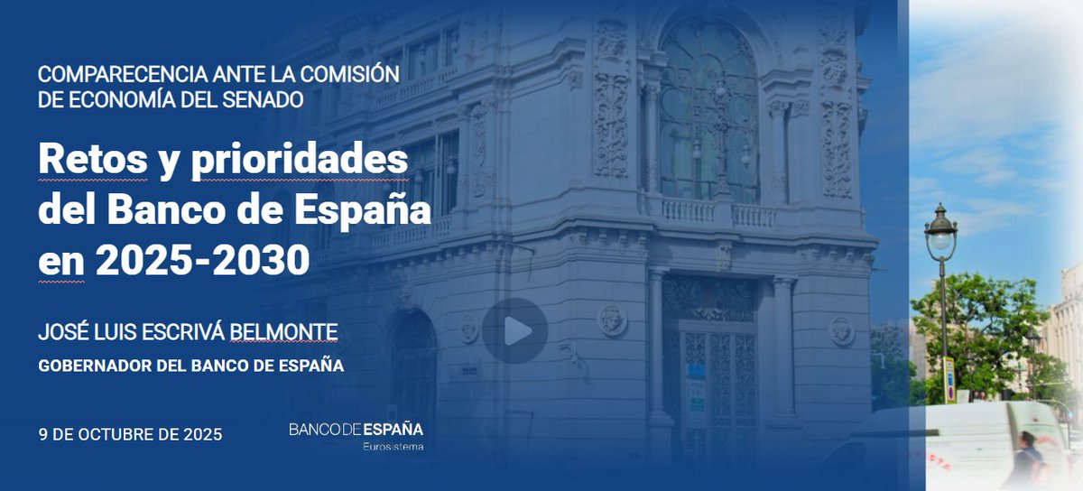 En unos minutos, compareceré a petición propia en la  Comisión de Economía, Comercio y Empresa del <a href="/Senadoesp/">Senado de España</a> para explicar los Retos y prioridades del <a href="/BancoDeEspana/">Banco de España</a> en 2025-2030​. 
Puedes seguirla en este enlace 👇
youtube.com/watch?v=dOz-F7…