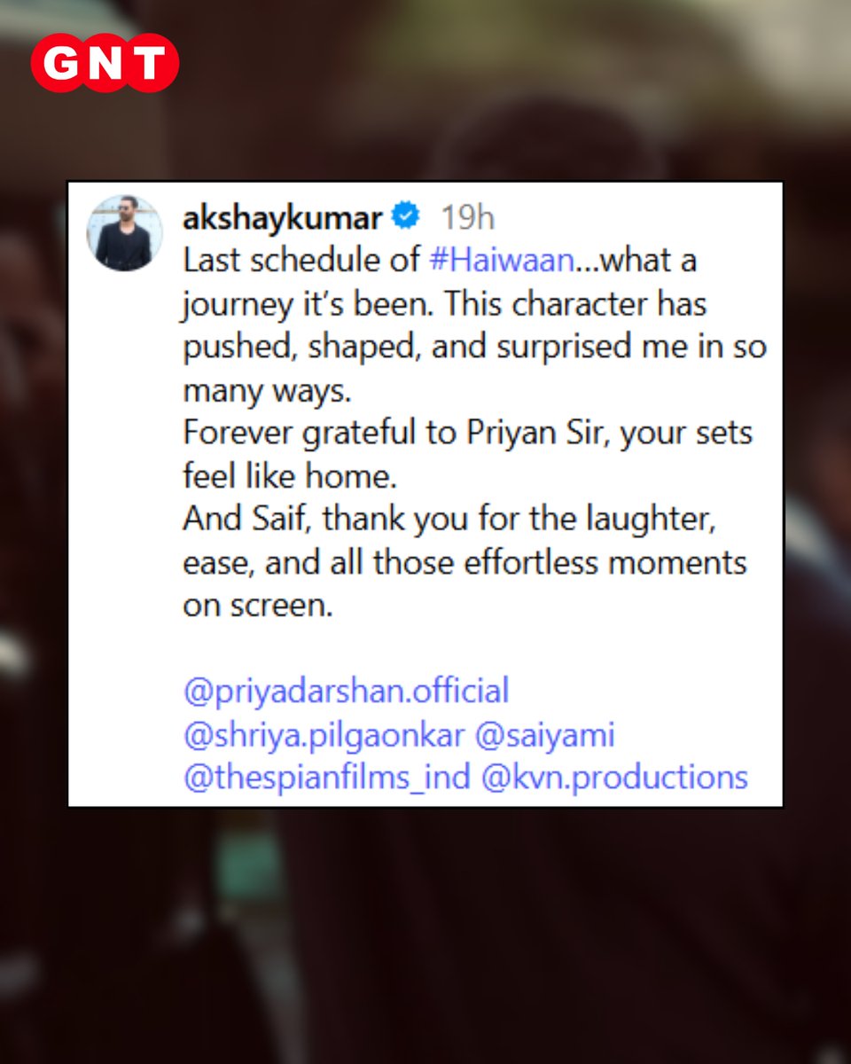 GoodNewsToday's tweet image. अक्षय कुमार ने फिल्म 'हैवान' के अंतिम शेड्यूल की शूटिंग शुरू कर दी है, जिसका निर्माण KVN प्रोडक्शन्स और थेस्पियन फिल्म्स के सहयोग से किया जा रहा है। इस फिल्म में अक्षय निगेटिव भूमिका निभा रहे हैं, जिसकी चर्चा ज़ोरों पर है 

#AkshayKumar #Haiwaan #NegativeRole #BollywoodNews