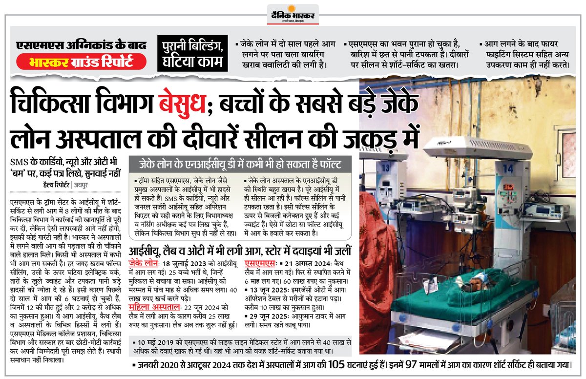 DainikBhaskar's tweet photo. एसएमएस अग्निकांड में 8 लोगों की मौत के बात चिकित्सा विभाग ने कार्रवाई में खानापूर्ति की... जेके लोन अस्पताल की दीवारें सीलन की जकड़ में
अधिक खबरें और ई-पेपर पढ़ने के लिए दैनिक भास्कर एप इंस्टॉल करें - https://t.co/xvtHwBtpmP
#BhaskarInvestigation #SMSHospitalFire #Jaipur #Rajasthan