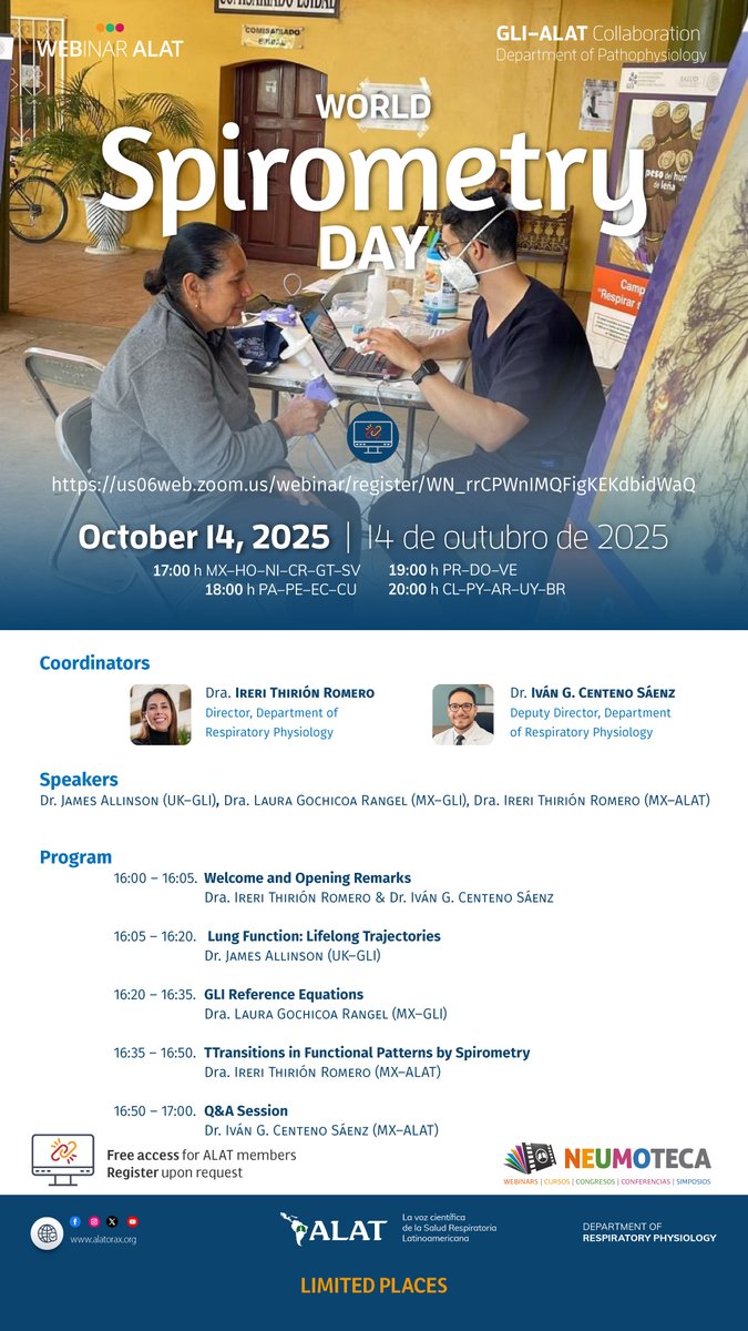 #ALAT2025 #Espirometría #DíaMundialEspirometría #LatinoaméricaInspira 🫁 14 de octubre, conmemorando el Día Mundial de la Espirometría, próximo Webinar ALAT: 👍todos/as invitados/as, con previo registro sin cargo: goo.su/cBxhY