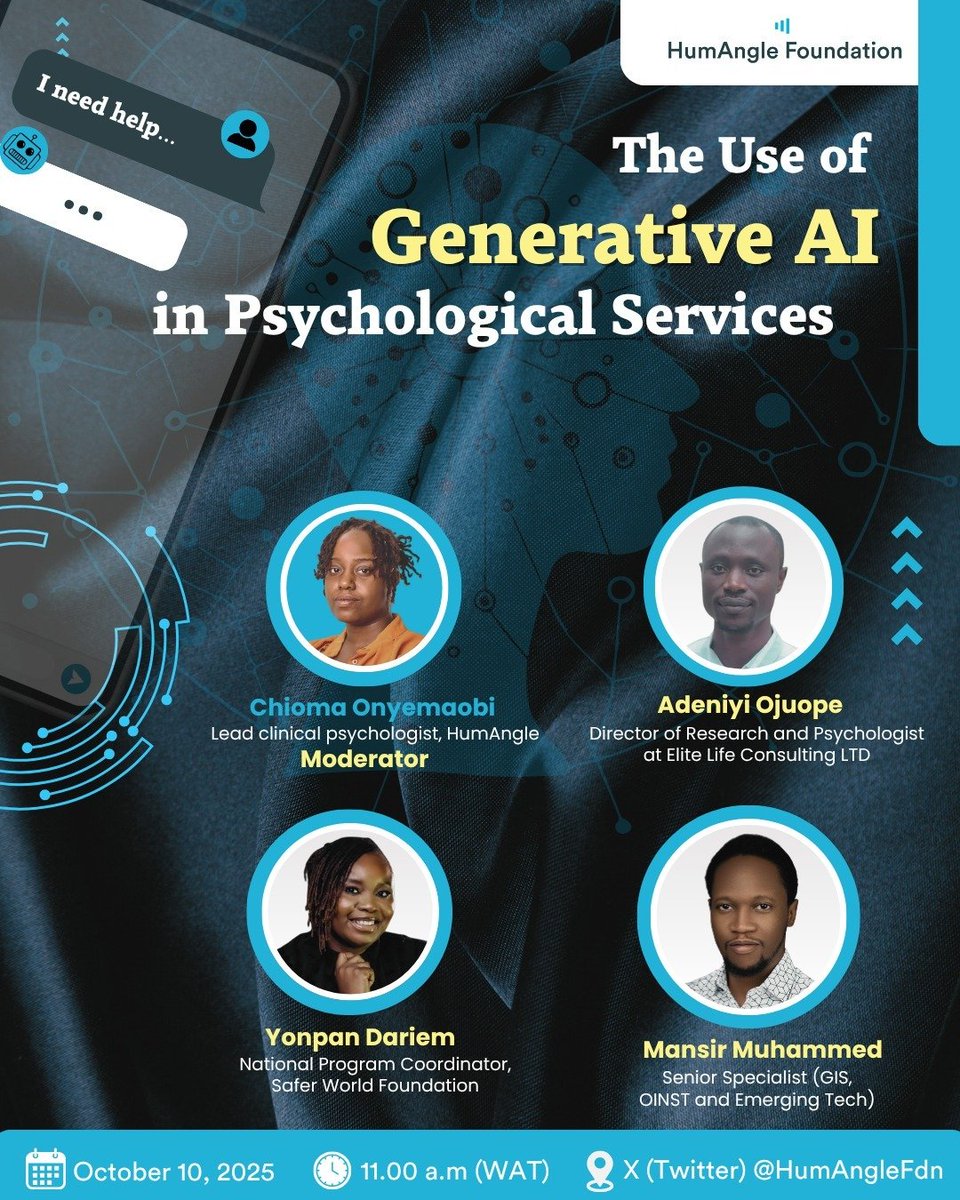 HumAngleImpact's tweet photo. AI is shaping the way we engage with the world and even ourselves. It is also shaping  how we approach mental care.

Join us tomorrow as we talk about the growing use of AI in psychological services.

Set your reminders: https://t.co/VbTAkgEDDi

#worldmentalhealthday2025 https://t.co/KWgKMAu9DR