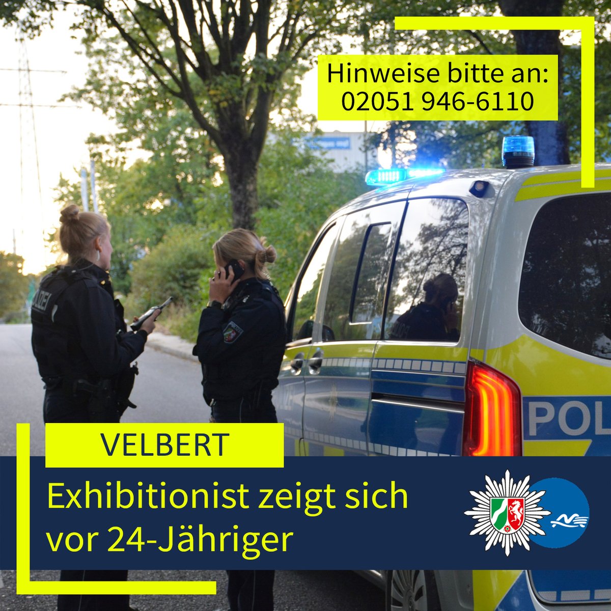 #Velbert: Am Dienstagnachmittag, 7. Oktober 2025, zeigte sich ein Mann vor einer 24-Jährigen an der "Kurze Straße" in schamverletzender Weise. Die Polizei ermittelt und bittet um Hinweise. Siehe: presseportal.de/blaulicht/pm/4… #PolizeiME 👮