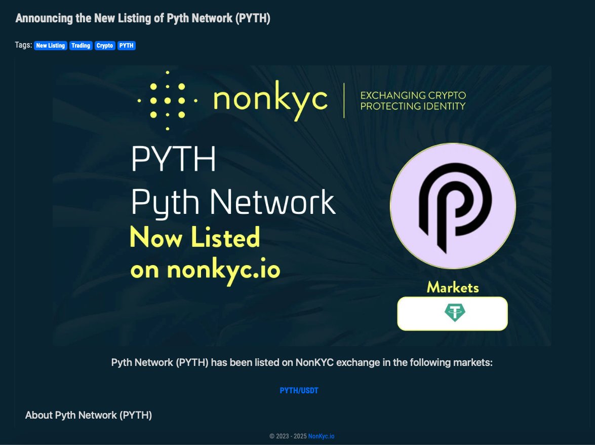 🚨 New Listing Alert 🚨
Pyth Network #PYTH $PYTH is now live on NonKyc.io Exchange!
💸 Deposit, Withdraw &amp; Trading are OPEN!
Pair: 👉 nonkyc.io/market/PYTH_US…
Pool: 👉 nonkyc.io/pool/PYTH_USDT
❗ No Minimum Deposit ❗
🔍 Proof of Reserve: 👉 nonkyc.io/asset/PYTH
🔗