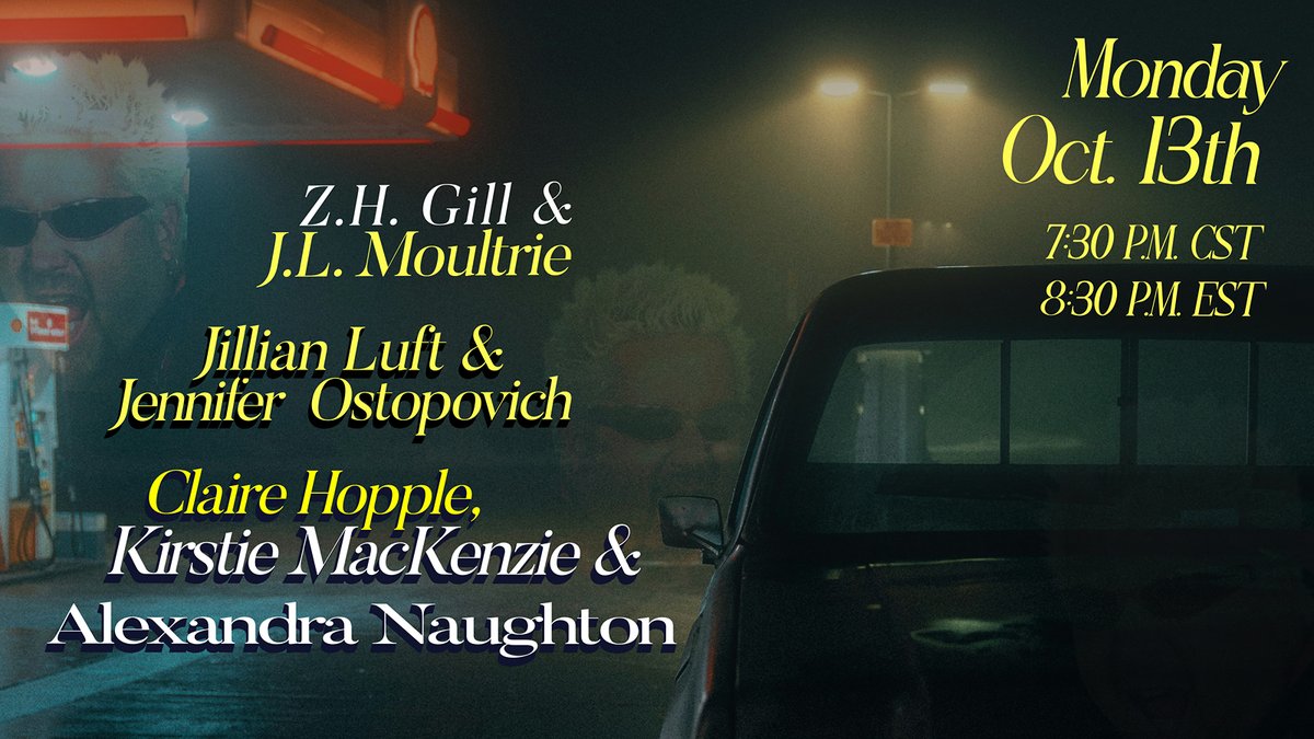 Threw together a lil reading for this upcoming Monday, Oct 13th. Why not. The theme for the night will be "Guy Fieri" because  at the time it was the dumbest theme I was able to think of. For Monday here's the link : :meet.google.com/kns-bnnd-wrg